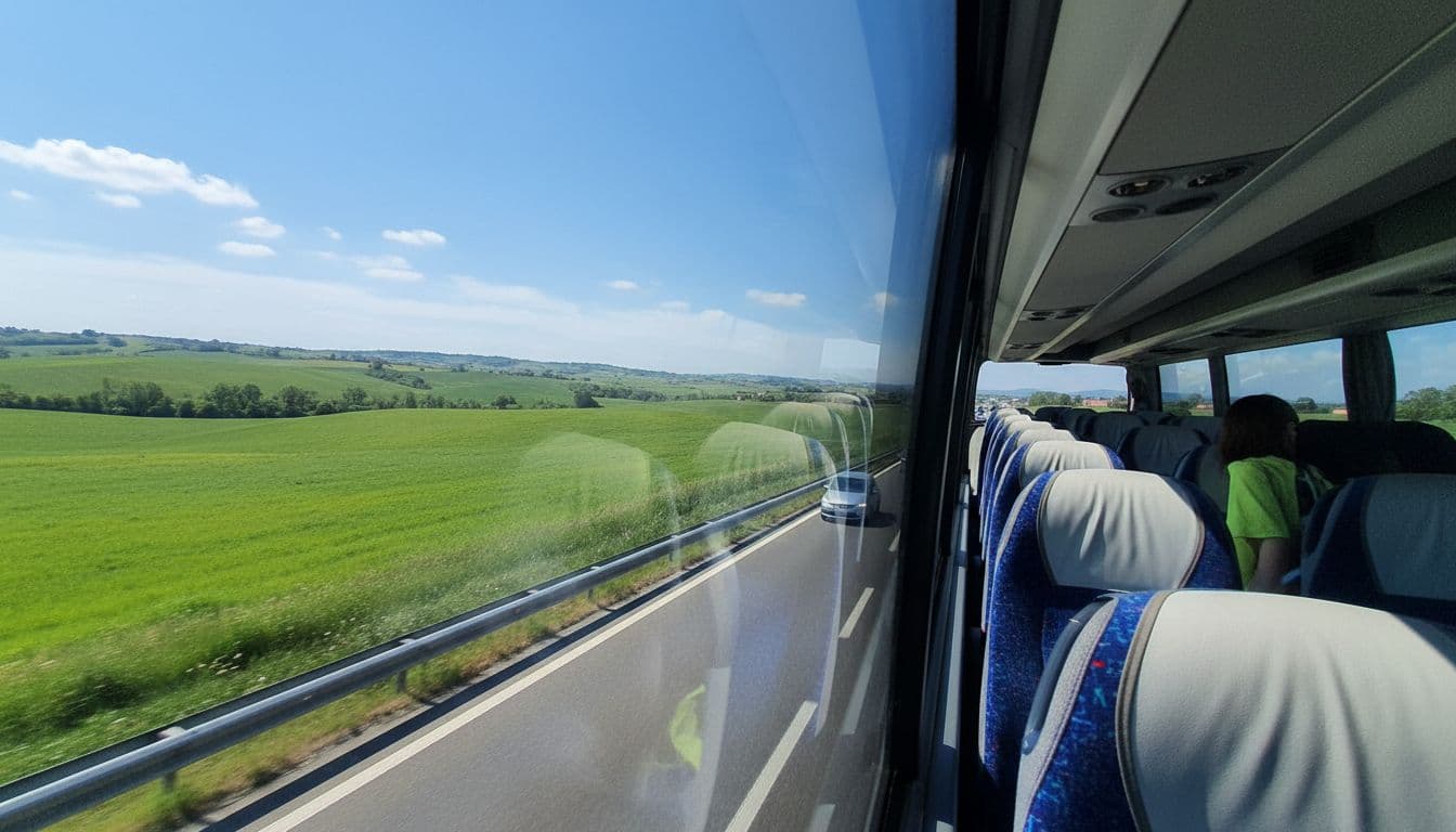 Vista dal finestrino laterale di un autobus pulman che viaggia sull'autostrada A14 diretto a Bologna, con paesaggio emiliano di campi verdi e colline lontane sotto un cielo sereno.