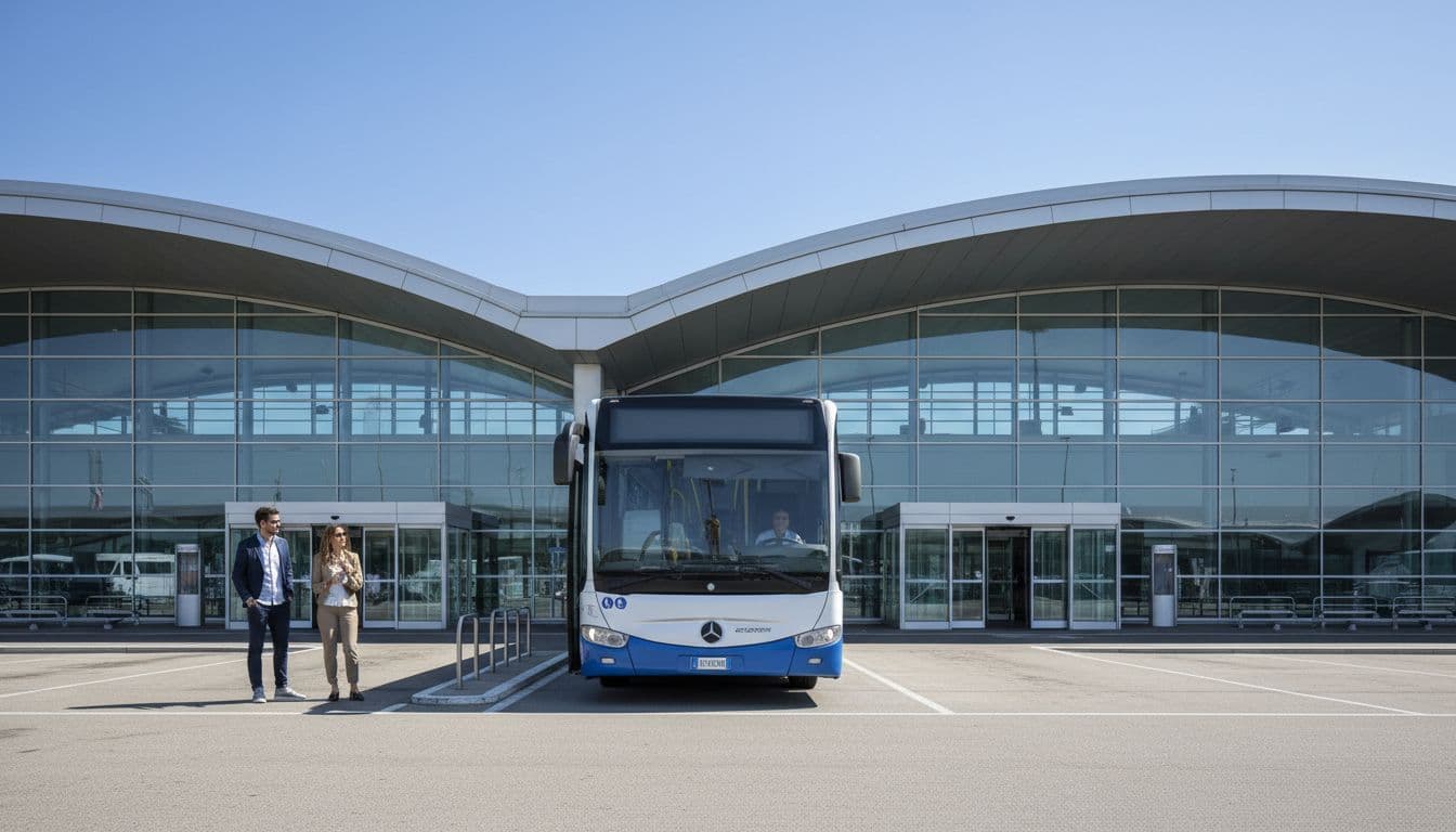 Frontal view of Bologna Guglielmo Marconi Airport arrivals terminal entrance with one bus arriving, clear blue sky, modern architecture, natural daylight, realistic photo style, two relaxed people waiting.