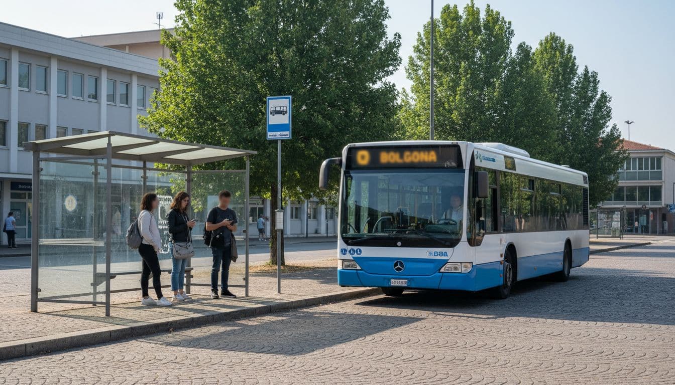 Vista frontale della fermata principale degli autobus a Cesena in Piazzale dell'Accoglienza, con un autobus locale pronto a partire per Bologna in una mattina soleggiata, due o tre persone in attesa.