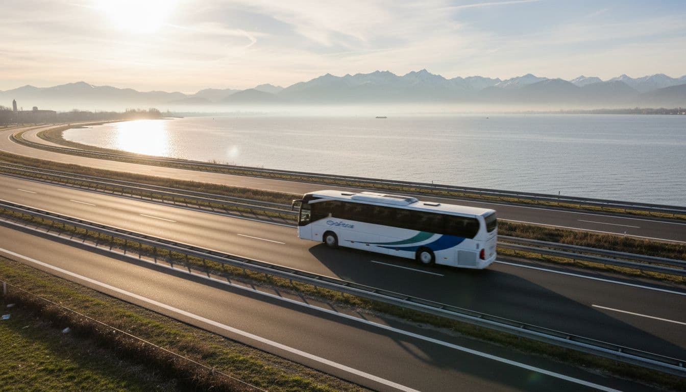 Scenic aerial view of a single coach bus with motion blur driving on the empty A4 highway in Veneto, Italy, towards Venice Marco Polo Airport on a sunny afternoon, with lagoon and mountains in the distance.