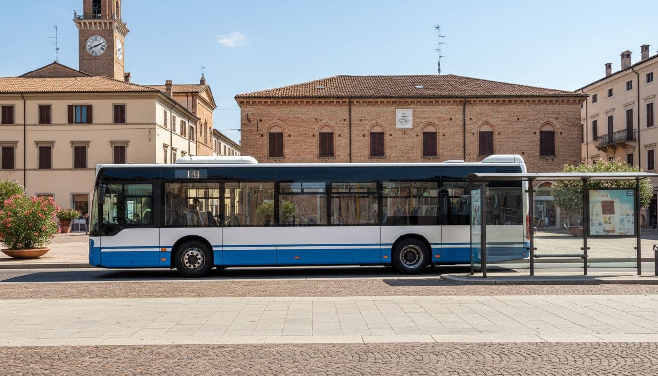 A modern blue and white bus arrives at a bus stop in downtown Forlì, with historic buildings in the background on a sunny summer day, wide side view in realistic photographic style.