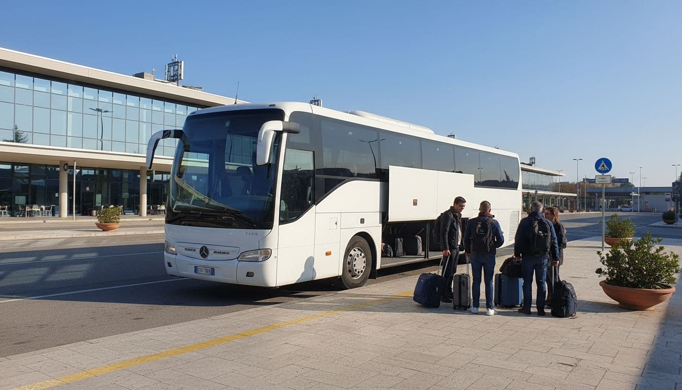 Modern white coach bus parked at Pordenone central bus station in Friuli Venezia Giulia, Italy, during a sunny morning with 3-5 passengers waiting to board with suitcases.