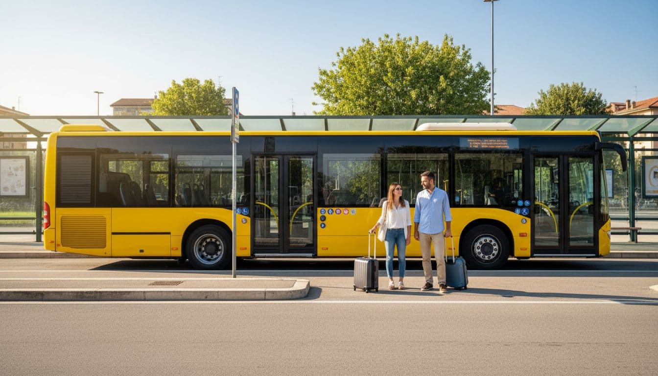 A modern yellow TPER bus is stopped at the Imola bus station on a sunny day with natural light. Two relaxed passengers with suitcases wait nearby, shown in a wide side view realistic photographic style.