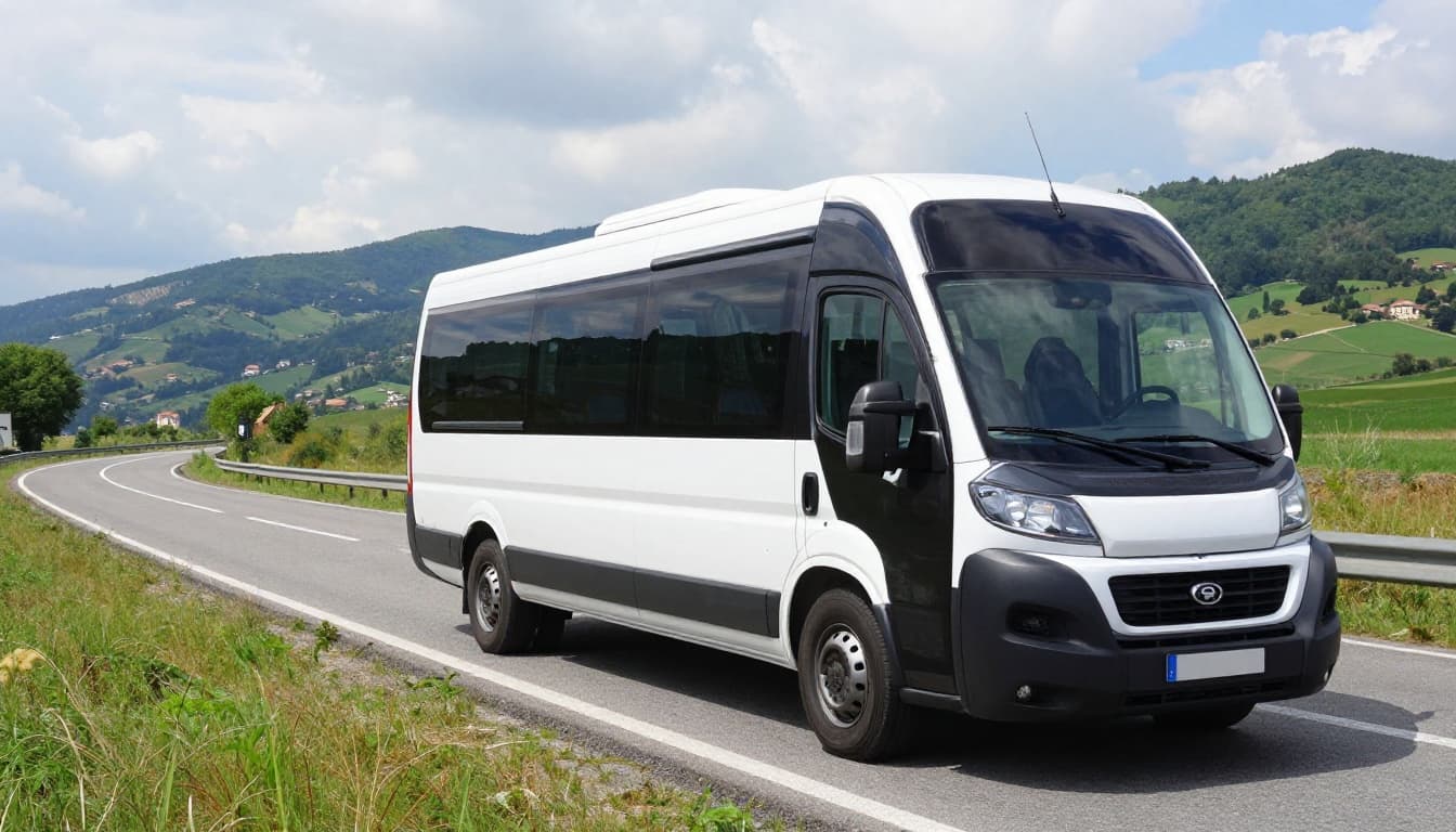Autobus confortevole in corsa sull'autostrada A14 diretto verso Roma, con paesaggio collinare delle Marche e Lazio visibile dai finestrini e sedili vuoti all'interno, stile fotografico realistico con luce diurna.
