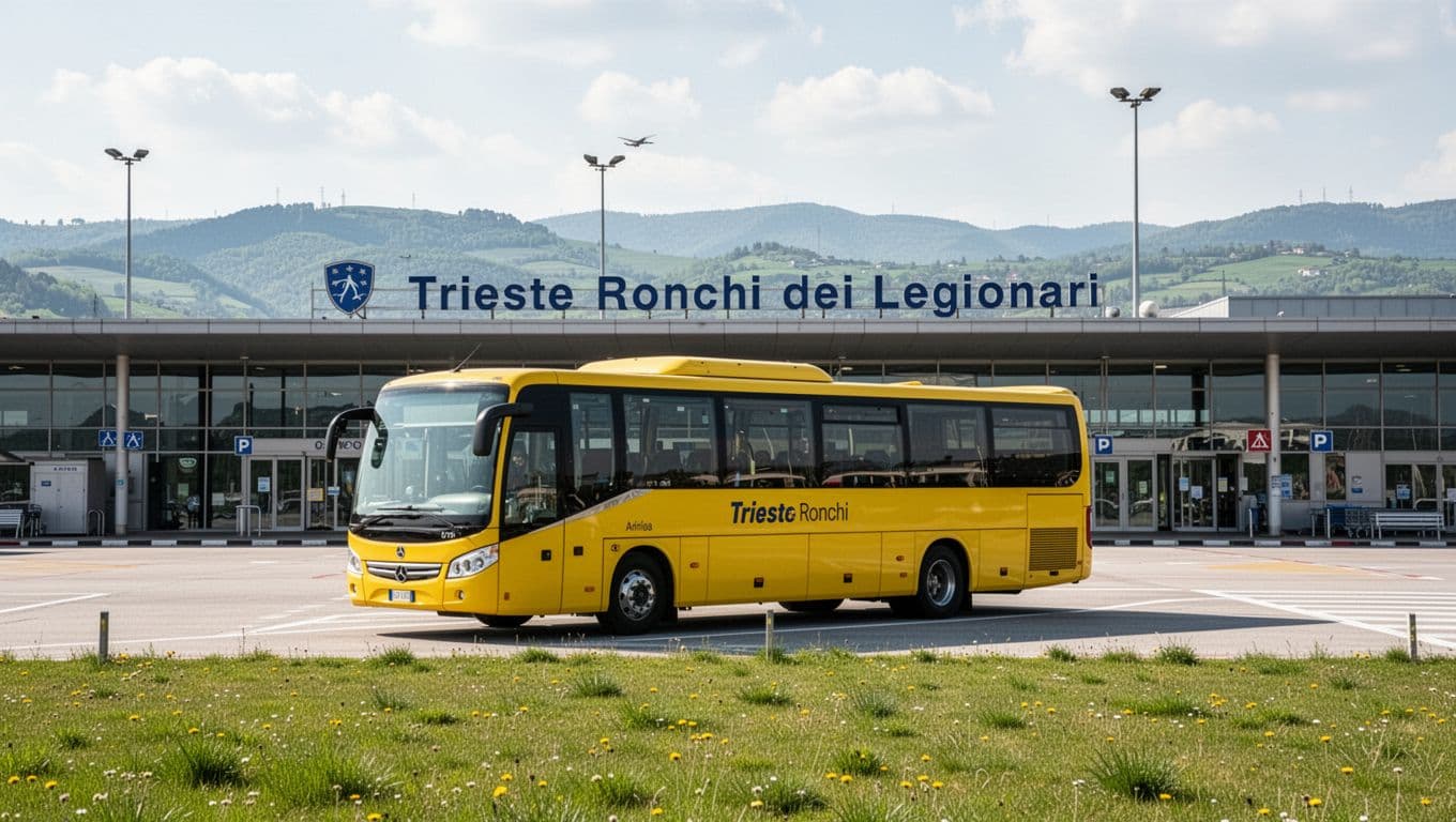Vista frontale esterna dell'Aeroporto di Trieste Ronchi dei Legionari con l'autobus giallo APT Gorizia parcheggiato nell'area arrivi bus, cielo soleggiato primaverile, prato e colline lontane, stile fotografico realistico.