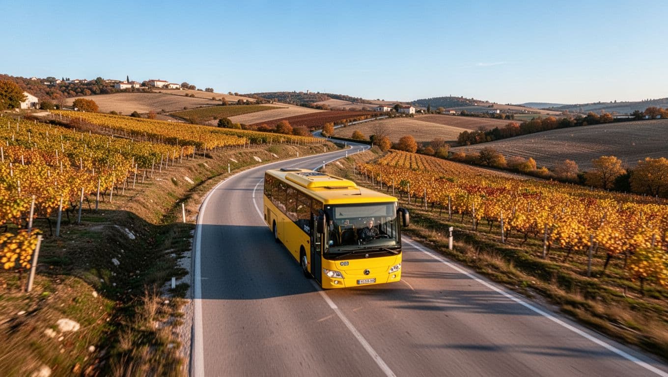 A yellow APT Gorizia bus speeds along state road SS13 towards Trieste Airport through hilly Isontino landscape with autumn vineyards and fields under a clear blue sky, captured in dynamic oblique overhead view with professional realistic photographic style and golden afternoon light.