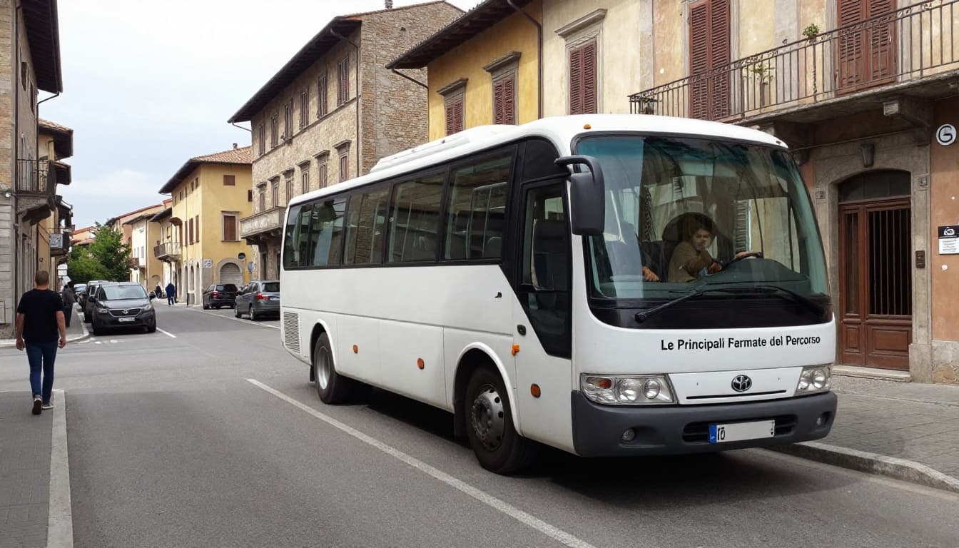 A modern tourist bus stopped at the main bus stop in Ascoli Piceno on a sunny spring morning, wide side view with historic Marche buildings in the background and few vehicles on the road.