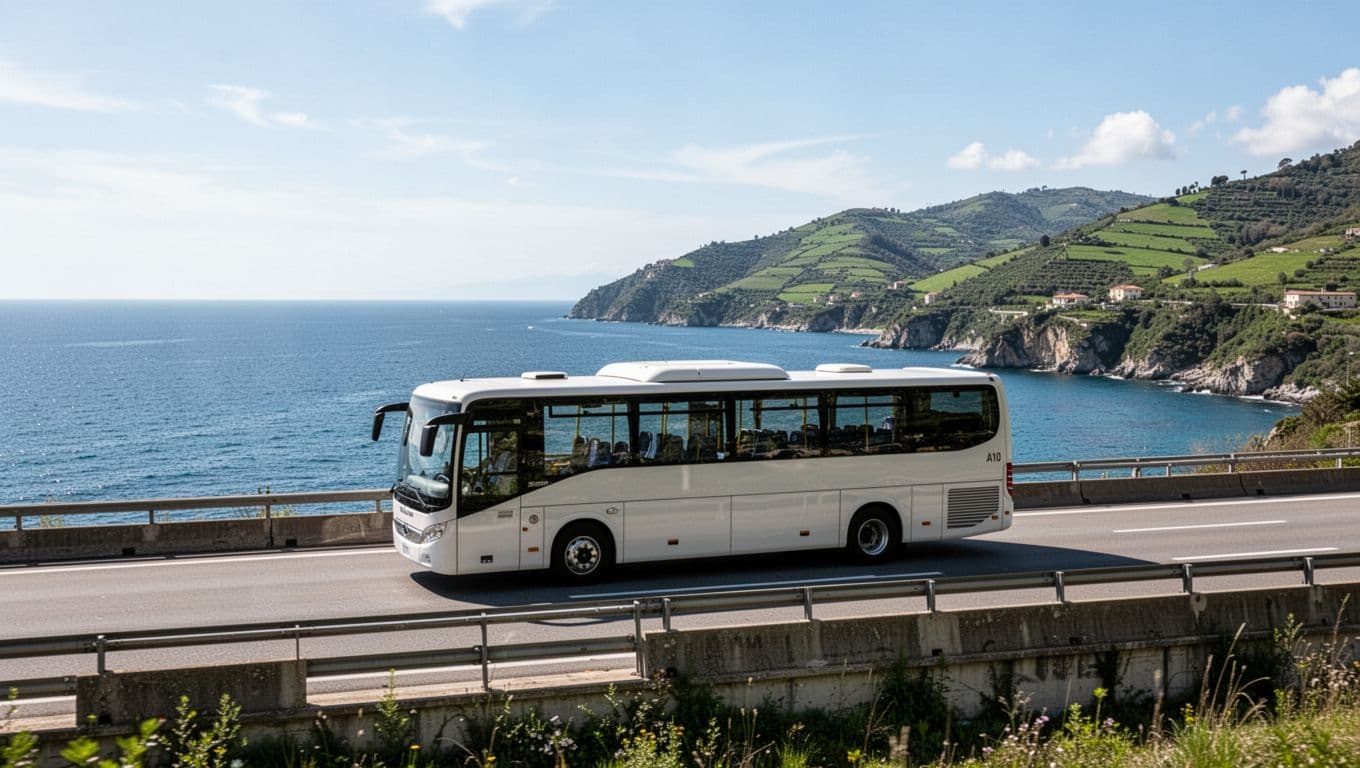 Un autobus viaggia sull'autostrada A10 in Liguria diretto a Genova, vista laterale dal ponte con paesaggio di mare azzurro e colline verdi in una soleggiata giornata primaverile, stile fotografico realistico.