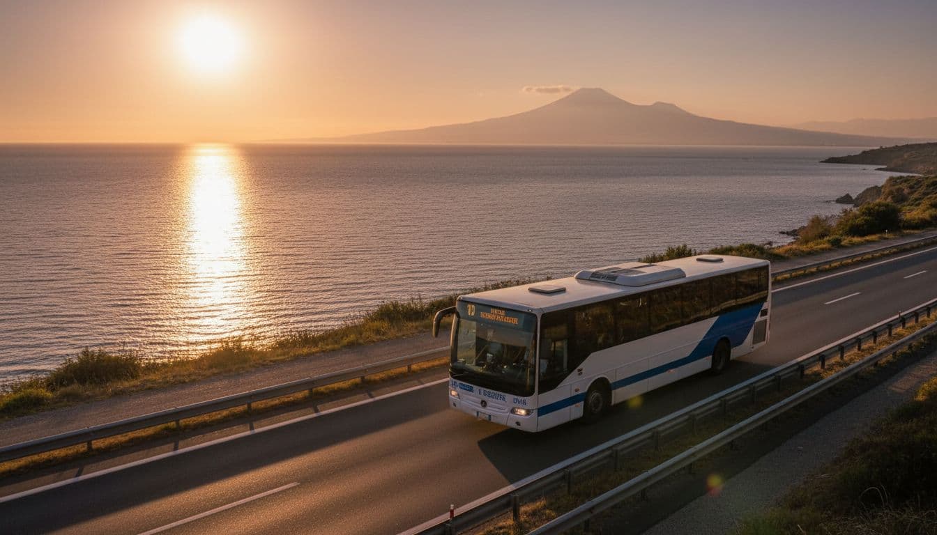 Un autobus regionale bianco e blu in viaggio sull'autostrada A18 tra Messina e Catania, con vista sul Mar Ionio e l'Etna in lontananza al tramonto. Composizione dinamica dal basso in stile realistico fotografico con illuminazione calda dorata.