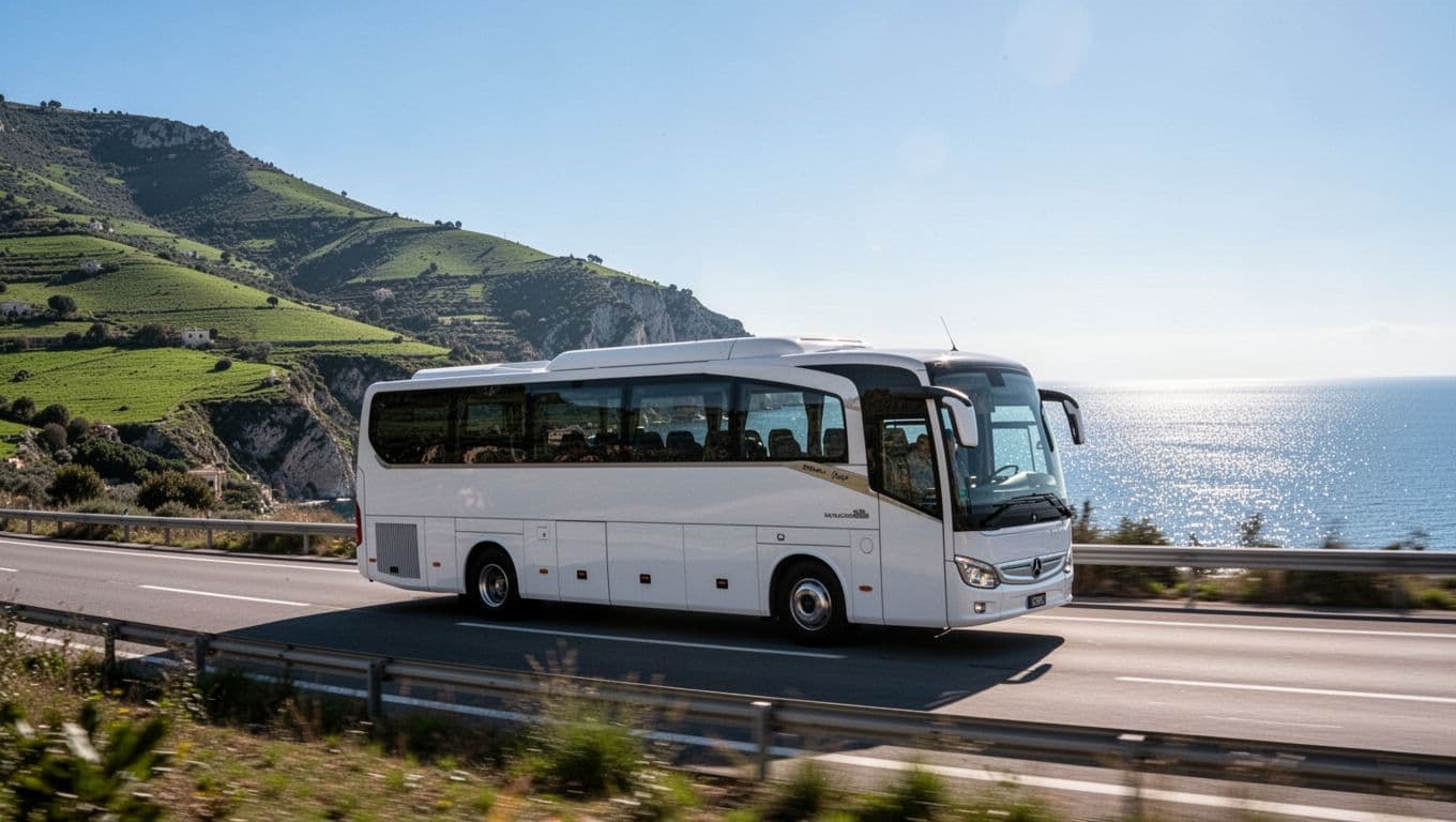 Vista laterale dinamica di un autobus bianco isolato che viaggia sull'autostrada A2 verso l'Aeroporto di Lamezia Terme in Calabria, con colline verdi, mare in lontananza e cielo sereno in un luminoso pomeriggio.