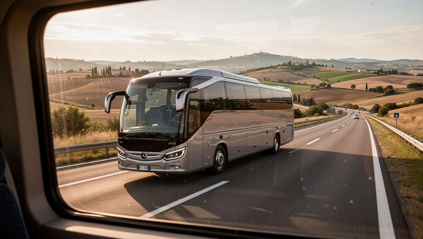 Vista laterale dinamica dal finestrino di un autobus moderno che procede sull'autostrada A14 diretto a Roma, con la campagna marchigiana e abruzzese sullo sfondo illuminata dal sole pomeridiano. Stile realistico fotografico con illuminazione calda naturale, senza persone, testo, loghi o watermark visibili.