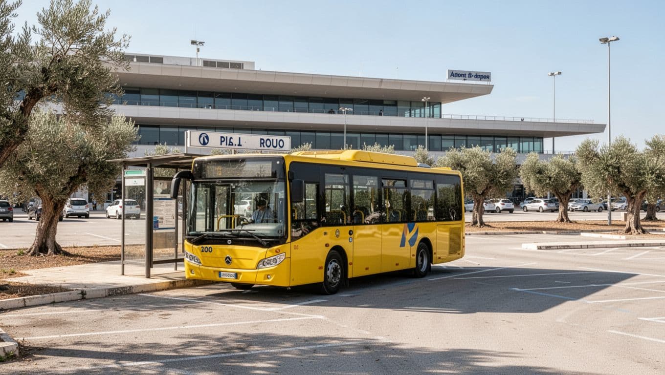 Yellow local bus at external stop outside Bari Palese Airport, modern terminal and sunny olive groves in background.