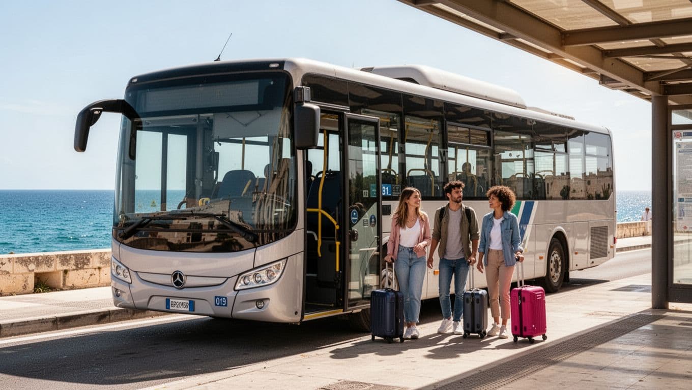 Modern regional bus at Barletta stop with three passengers holding luggage boarding on sunny day with sea view.