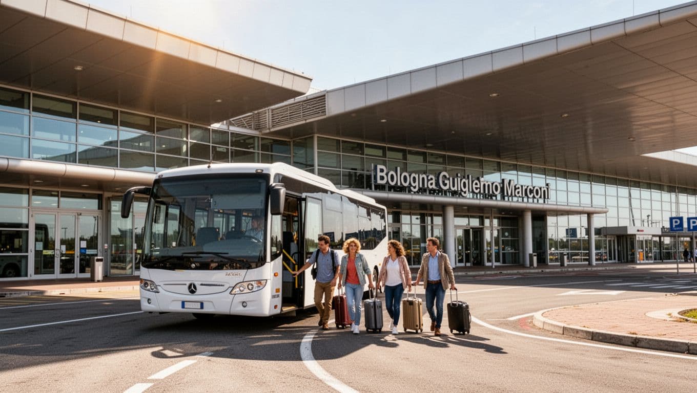 Main entrance of Bologna Guglielmo Marconi Airport (BLQ) with a shuttle bus arriving and four passengers disembarking with luggage at the modern terminal on a clear daytime.
