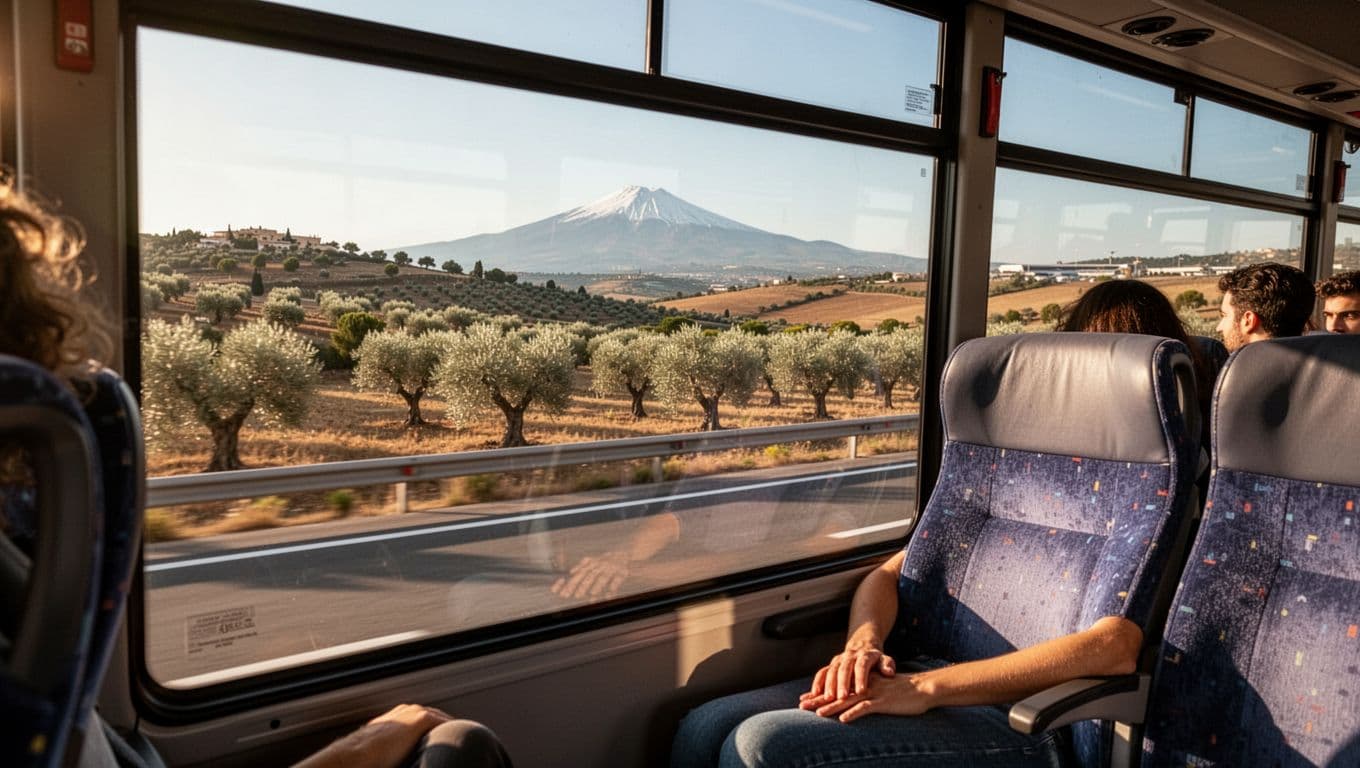 Vista dal finestrino laterale di un autobus in corsa sull'autostrada A19 in Sicilia verso l'Aeroporto di Catania, con paesaggio collinare di ulivi e l'Etna in lontananza su un giorno soleggiato. Interno bus con passeggeri seduti rilassati e mani visibili sul sedile, stile realistico fotografico con illuminazione calda naturale.