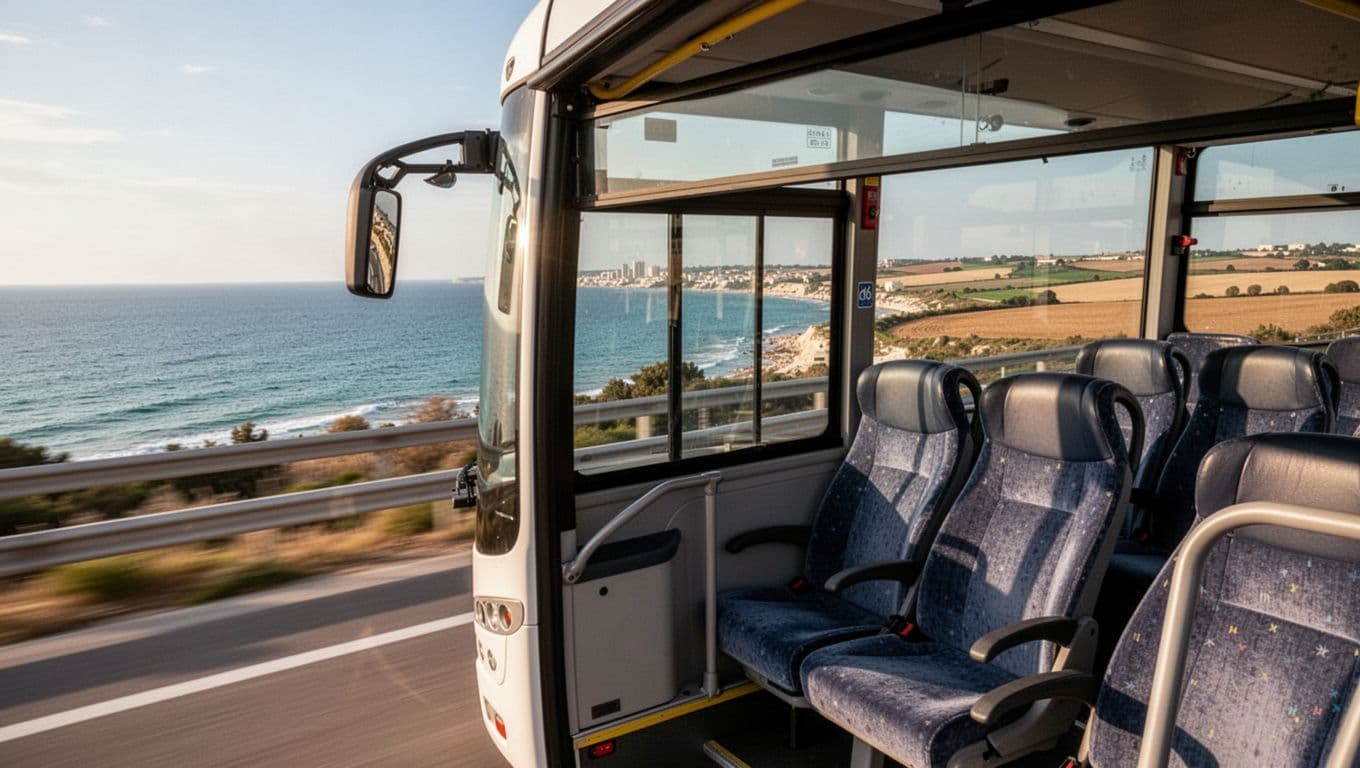 Bus races along SS16 in Puglia towards Bari, with Adriatic sea, fields, and empty seats visible inside.