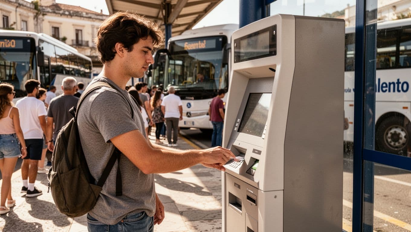Person buys bus ticket from vending machine in crowded sunny Salento station, bus in background.