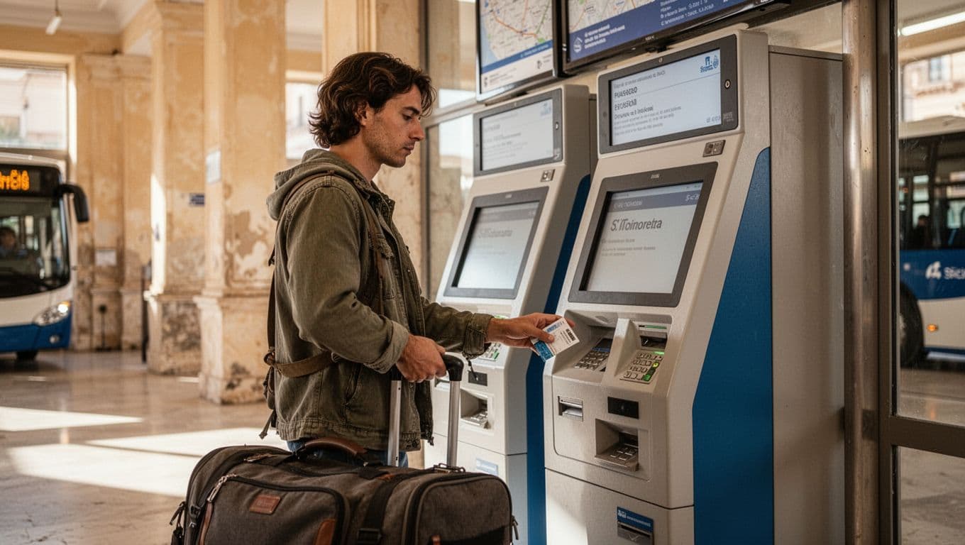 Persona che compra un biglietto dell'autobus da un distributore automatico in una luminosa stazione siciliana, borsa da viaggio in mano, espressione concentrata, stile fotografico realistico.