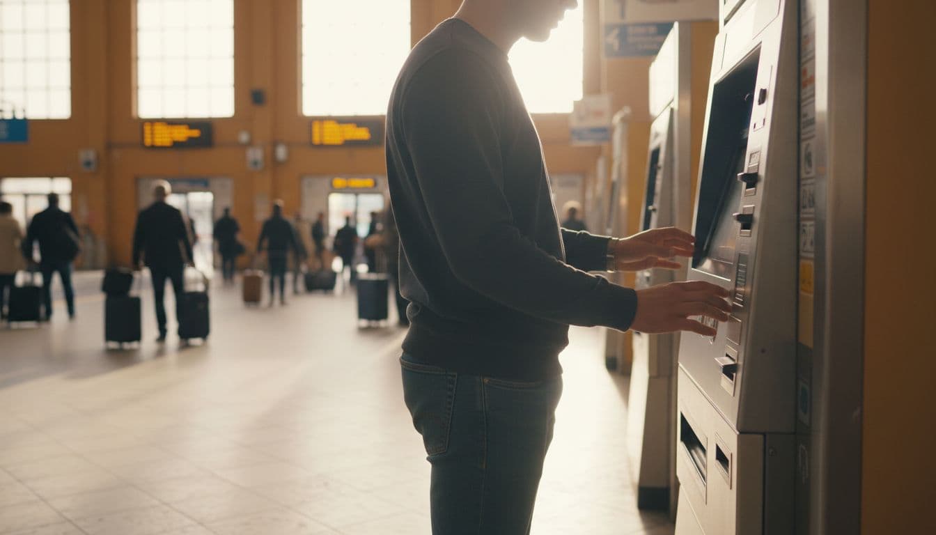 A single person with relaxed hands stands in front of a ticket vending machine in a bright, crowded Calabrian bus station, purchasing a bus ticket in a realistic style with natural lighting.