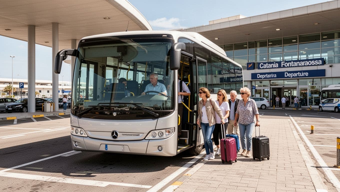 Autobus che scarica pochi passeggeri con valigie al terminal bus dell'Aeroporto di Catania Fontanarossa, vista frontale sul parcheggio e terminal partenze in una giornata soleggiata, stile fotografico realistico.