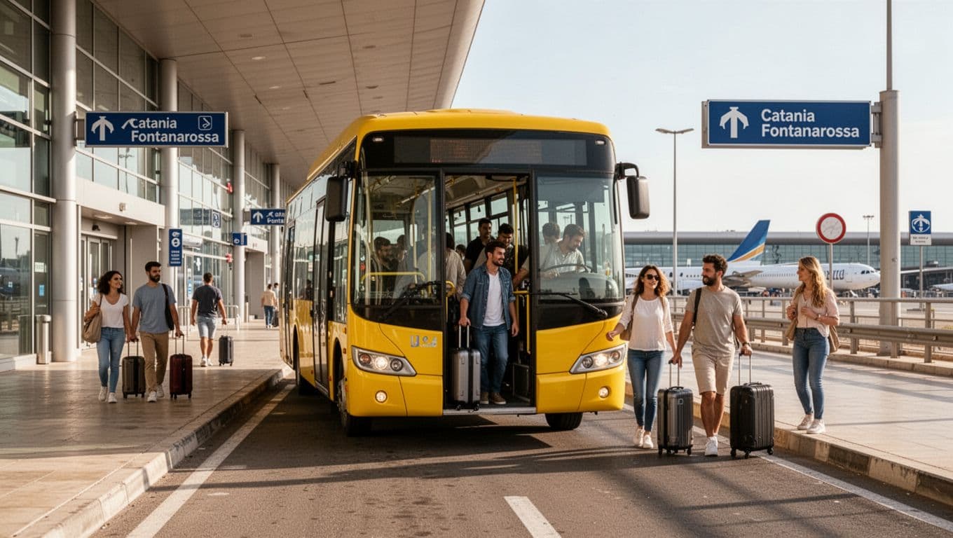 A yellow SAIS bus arrives at the bus terminal of Aeroporto di Catania Fontanarossa with passengers descending carrying suitcases in a modern external area on a sunny Sicilian afternoon.