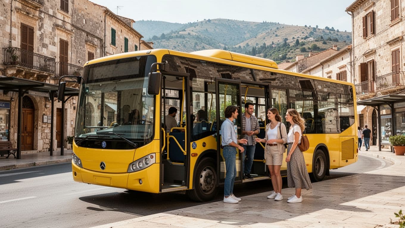 A yellow local bus stopped at a crowded bus stop in Catanzaro's historic center, Calabria, Italy, with ancient buildings and hills in the sunny morning background. Dynamic side composition shows two open doors and three relaxed waiting passengers in sharp realistic photo style.