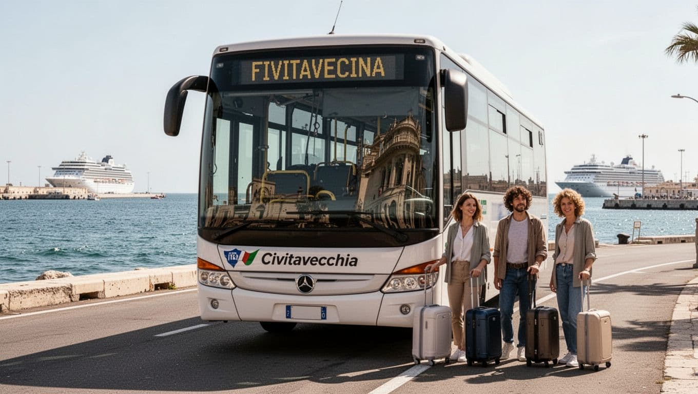 Vista diurna luminosa della fermata autobus al porto di Civitavecchia con bus pronto alla partenza per Fiumicino, mare e navi da crociera sullo sfondo, tre passeggeri con valigie in attesa.