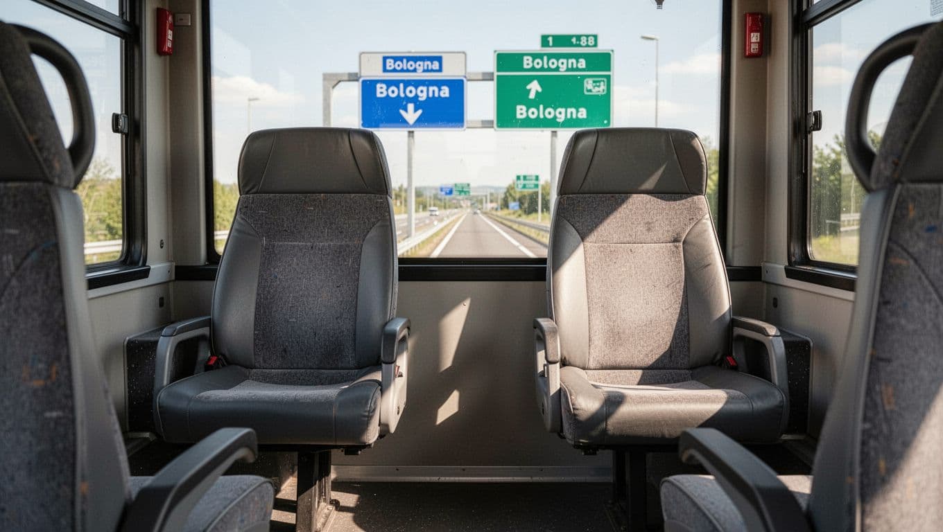 Close-up view of two empty seats in a comfortable bus interior during daytime, featuring a window with road signs pointing towards Bologna and soft, realistic lighting.