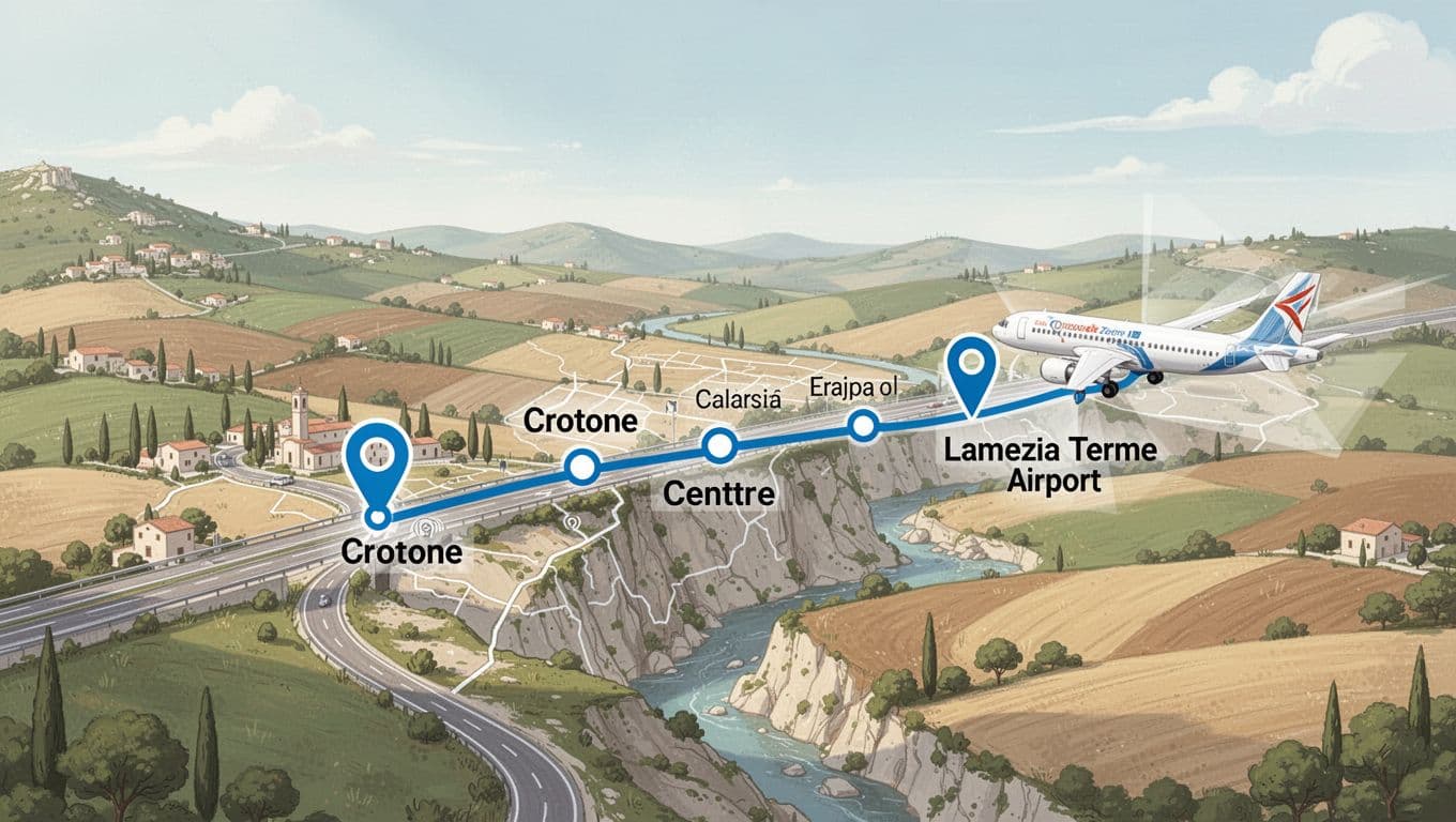 Mappa illustrativa pulita e moderna delle principali fermate tra Crotone centro, stazioni intermedie e Aeroporto Lamezia Terme in Calabria, con sfondo semplice di strade e paesaggi calabresi, senza testi, persone o loghi.