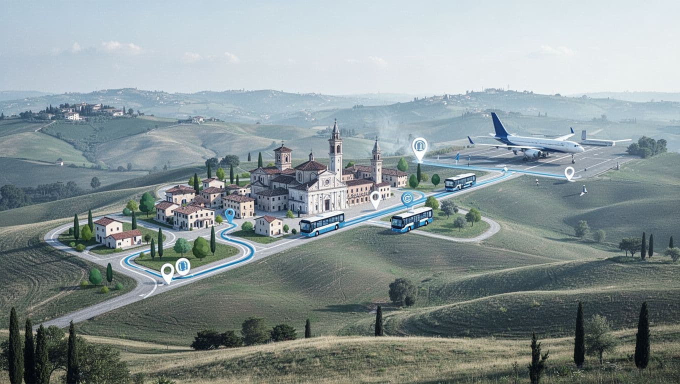 Mappa illustrativa pulita e moderna del percorso da Faenza a Bologna centro e poi all'aeroporto BLQ, con icone bus e treno su sfondo semplice italiano, colori blu e verde.