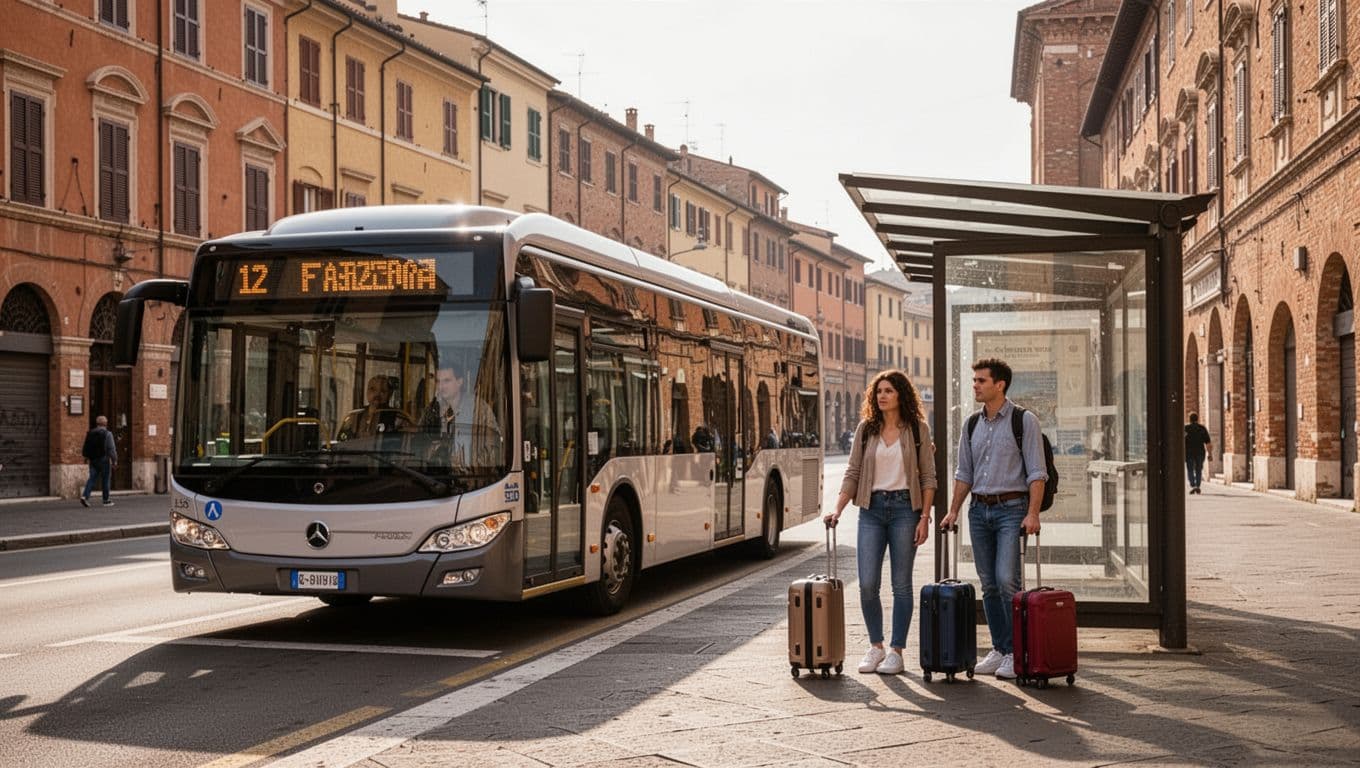 Modern urban bus stopped at the principal bus stop in Faenza, Italy, with typical Romagna historic buildings in the background. Two travelers with suitcases wait under sunny morning light for the airport route.