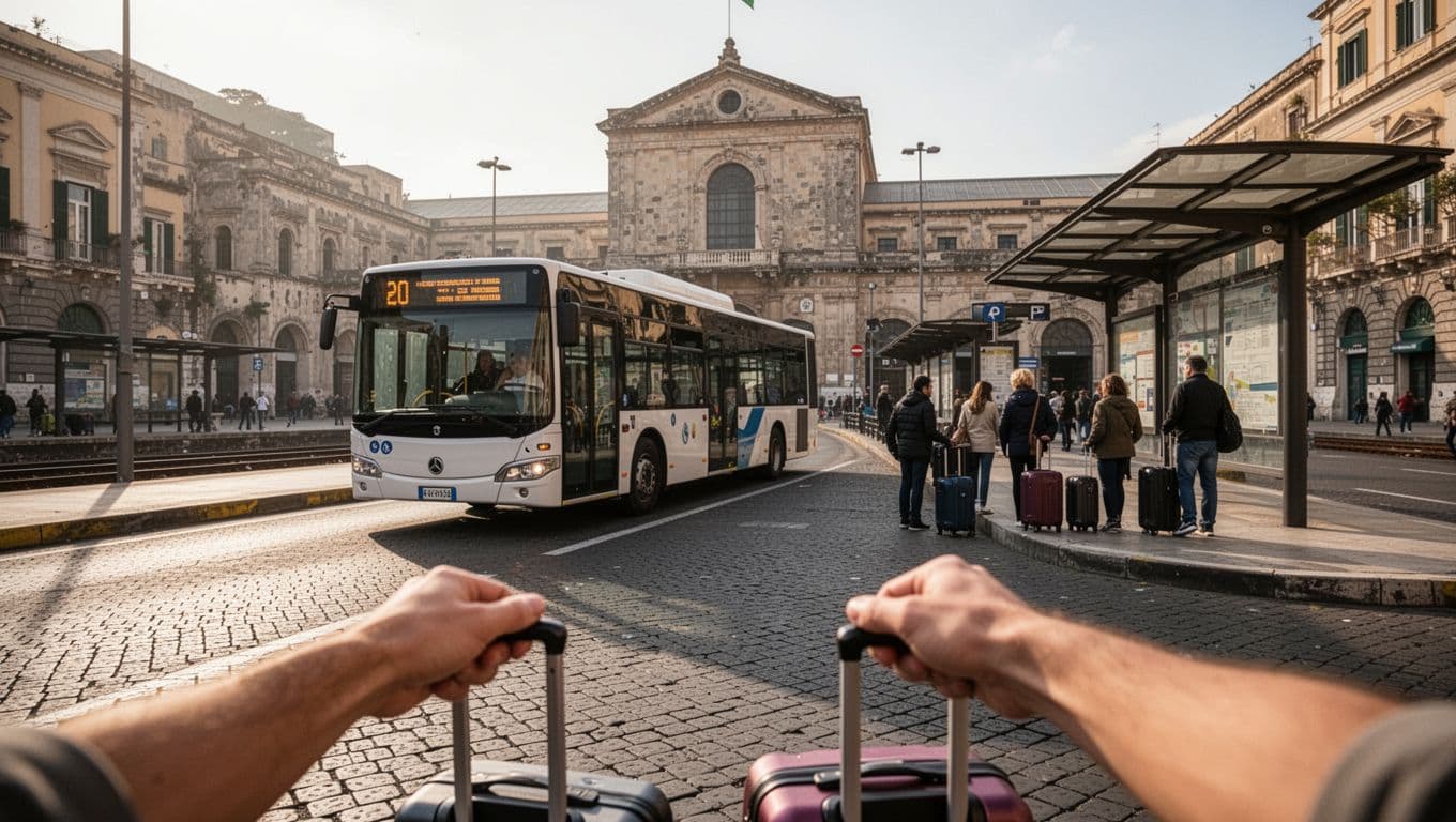 Fermata autobus affollata a Messina vicino alla Stazione Centrale, con un bus SAIS in arrivo e edificio storico sullo sfondo sotto il sole mattutino.