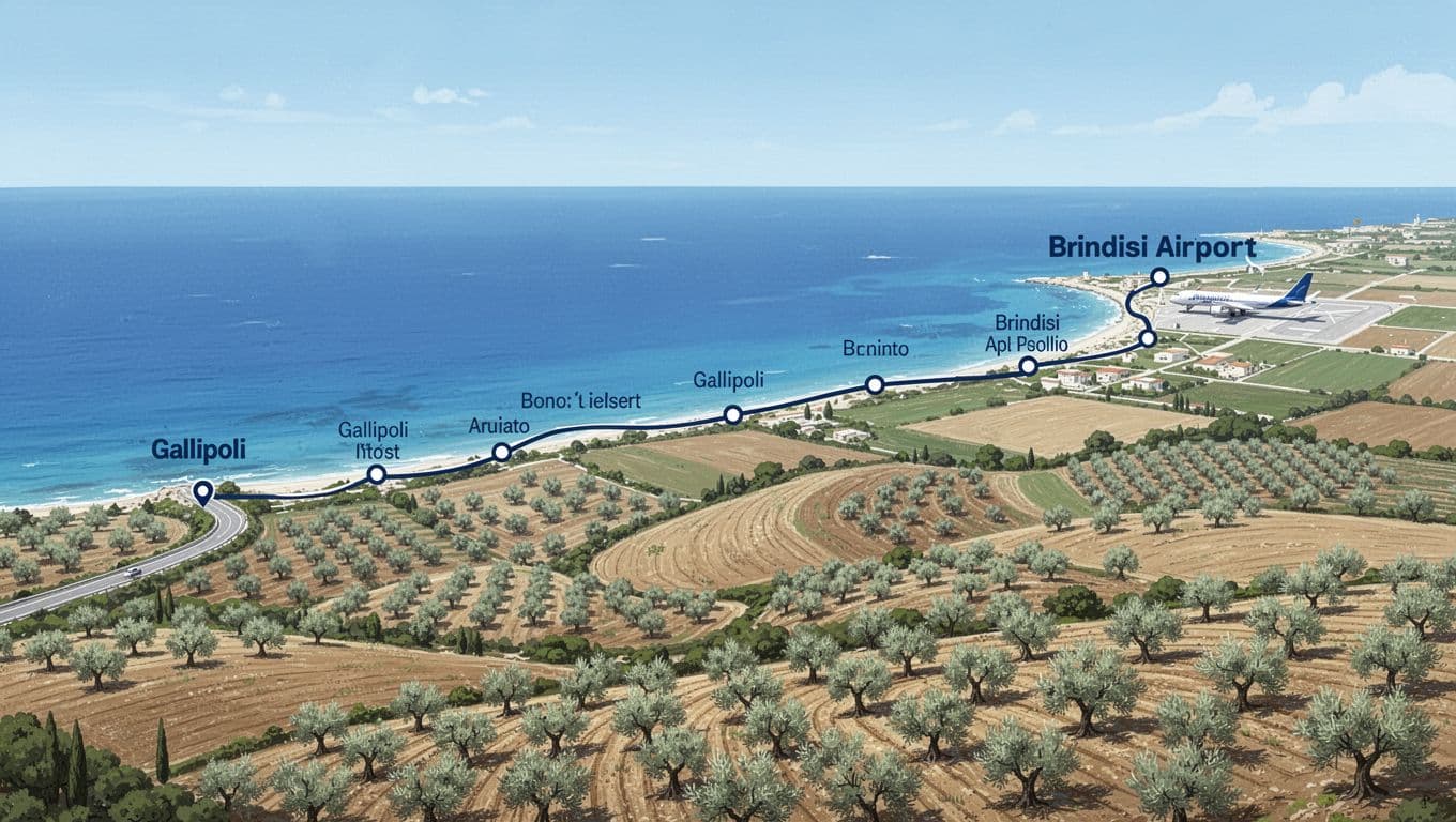 Stylized aerial map of Puglia coastal road with dotted stops, olive fields, and sea.