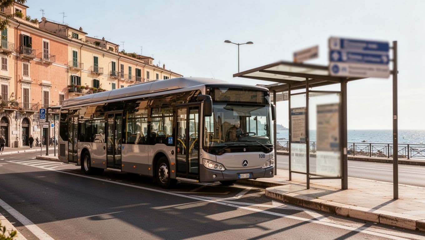 A modern bus parked at the central bus stop in Imperia, Liguria, during a sunny morning, captured in a realistic photographic style with a wide side view and blurred stop signs.