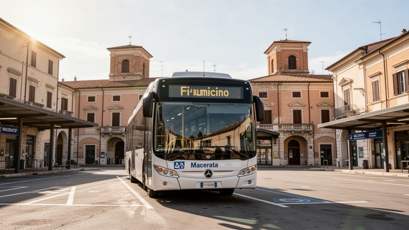 Vista frontale esterna dell'autostazione bus a Macerata con un autobus moderno pronto alla partenza per Fiumicino, edifici marchigiani sullo sfondo in un giorno soleggiato, stile fotografico realistico.