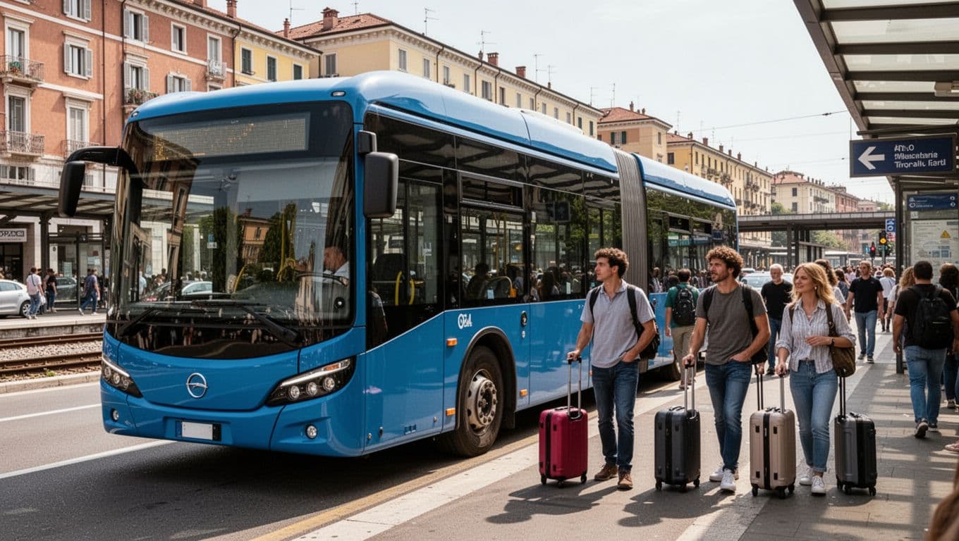 Modern blue ATVO bus stopped at a crowded bus stop near Mestre train station on a sunny day, with passengers waiting with suitcases and urban background.