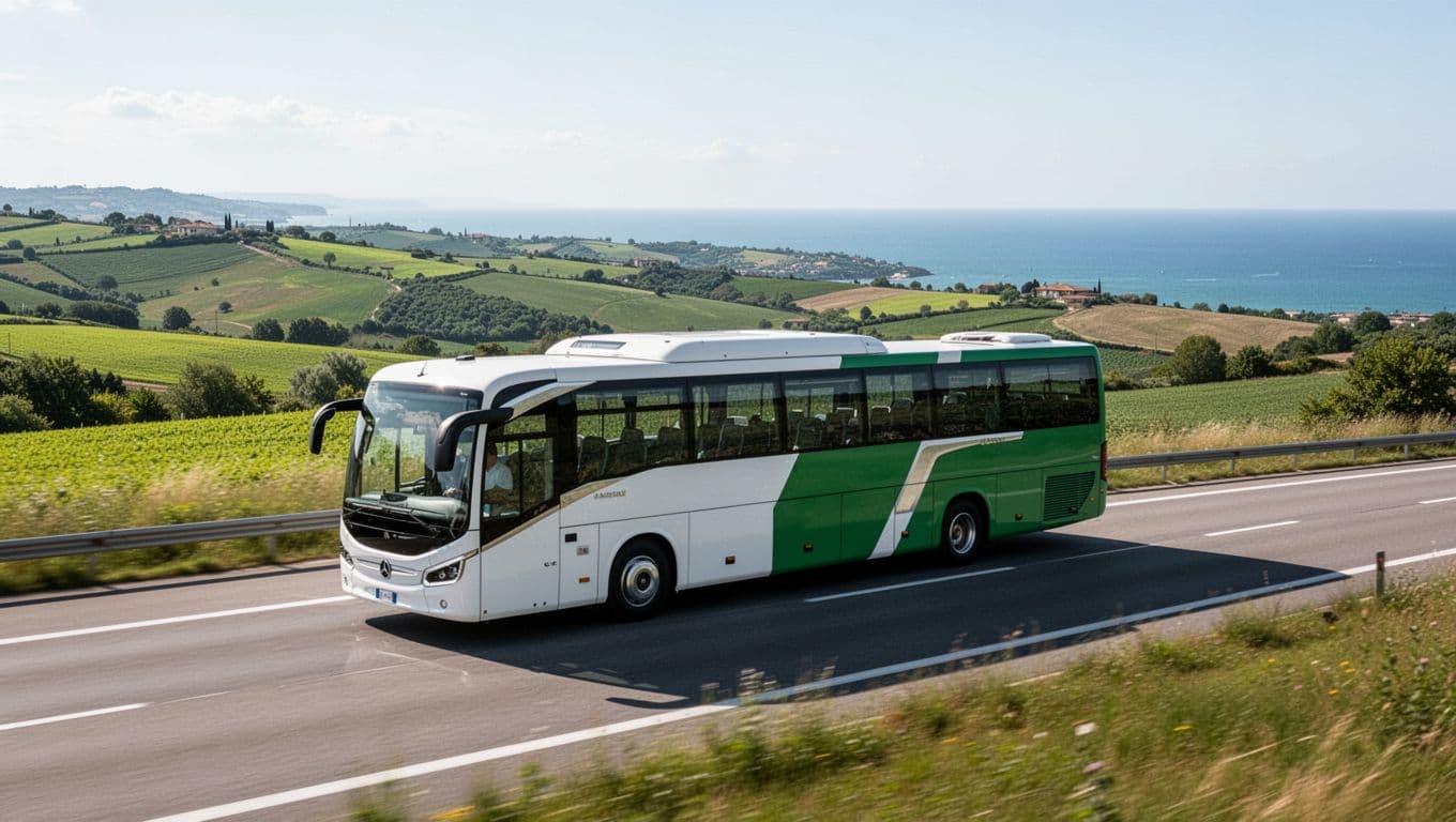 A modern white or green bus travels dynamically on the A14 highway towards Rome, through hilly Marchigiano landscape with green fields and distant sea, sunny day realistic photo.