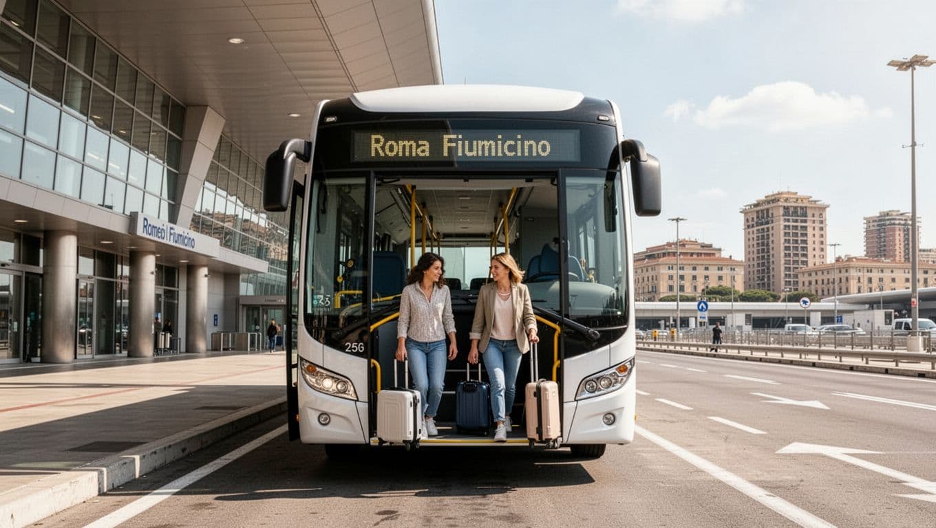 Modern bus arriving at Rome Fiumicino Airport terminal on a sunny daytime exterior view, with exactly two passengers disembarking with light luggage, modern Italian airport architecture and urban landscape in the background, realistic photographic style with bright natural lighting.