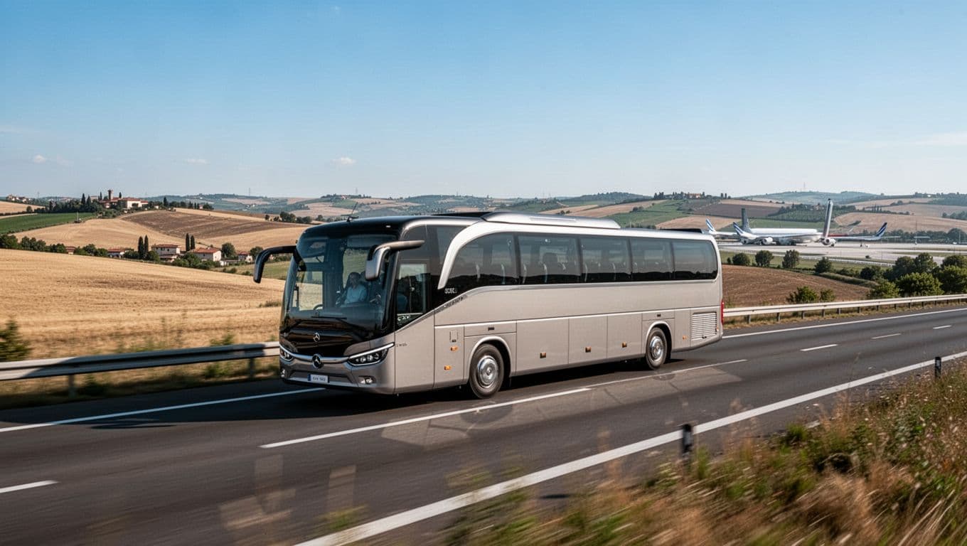A modern bus travels dynamically on an Italian highway towards Bologna Airport during the day, with Emilia-Romagna landscape in the background under a clear sky, realistic photographic style.