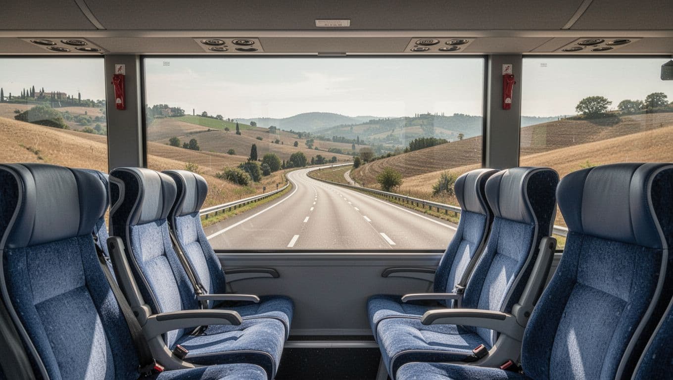 Spacious blue and gray seats in a modern, comfortable bus interior with a large window offering a view of an Italian highway and hills under natural daylight. Realistic photographic style with empty seats and no people.