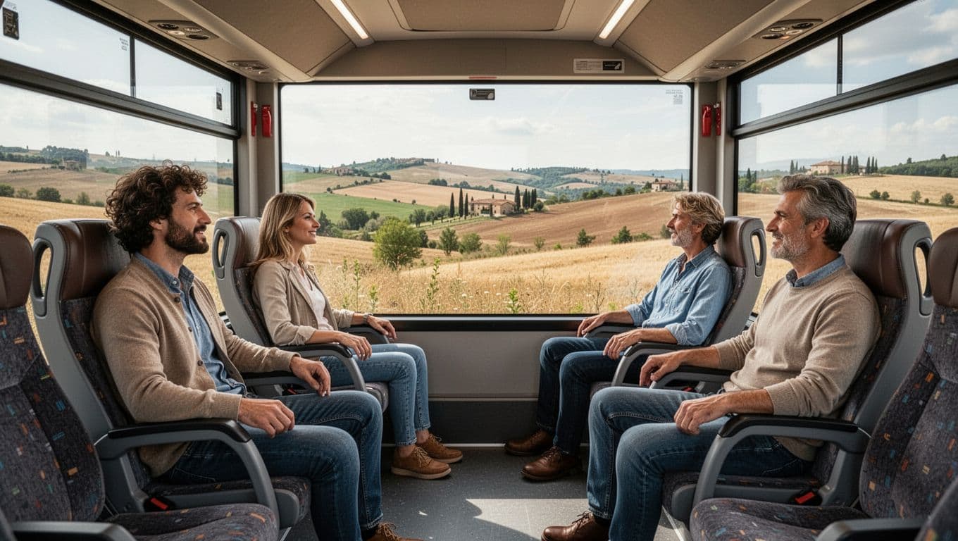 Spacious interior of a modern bus with comfortable seats and 4-5 relaxed passengers gazing out windows at picturesque Italian rural landscapes, illuminated by natural light.