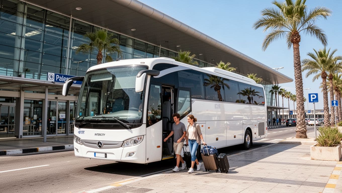 White bus from Agrigento parked near bus stop at Palermo PMO Airport arrivals terminal in Sicily, with two passengers disembarking with suitcases under sunny blue sky, palm trees, and modern architecture.