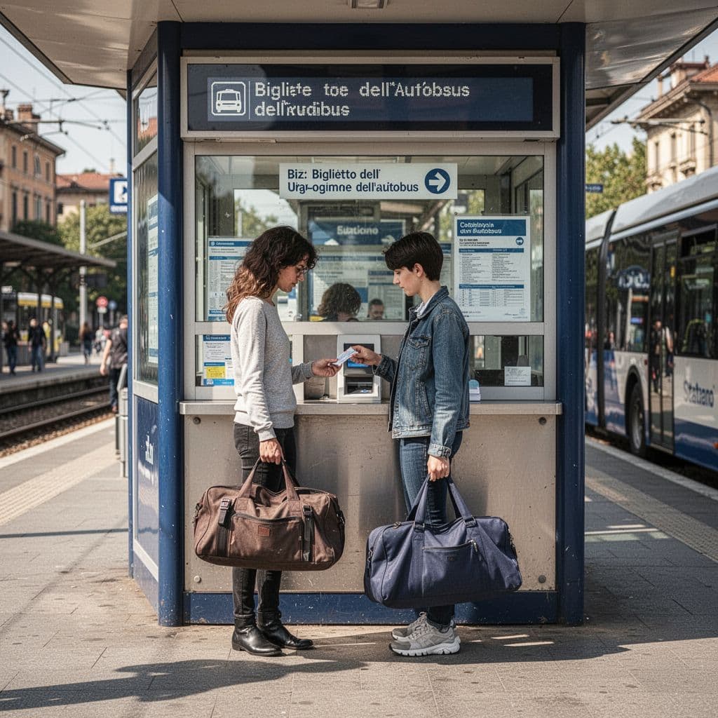 Una persona compra un biglietto dell'autobus al chiosco in stazione, con una borsa da viaggio in mano, in un'ambientazione esterna soleggiata e stile realistico.