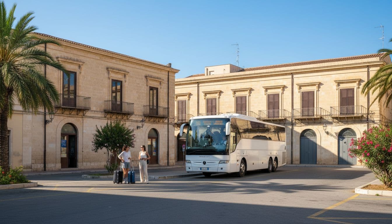 Vista esterna diurna soleggiata della stazione autobus Piazzale Rosselli ad Agrigento in Sicilia, con bus bianco pronto alla partenza per l'aeroporto di Palermo e due passeggeri in attesa.