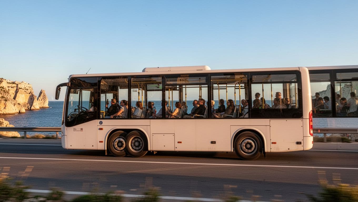 Bus travels coastal highway from Barletta toward Bari airport in Puglia, passengers visible inside under golden hour sky.