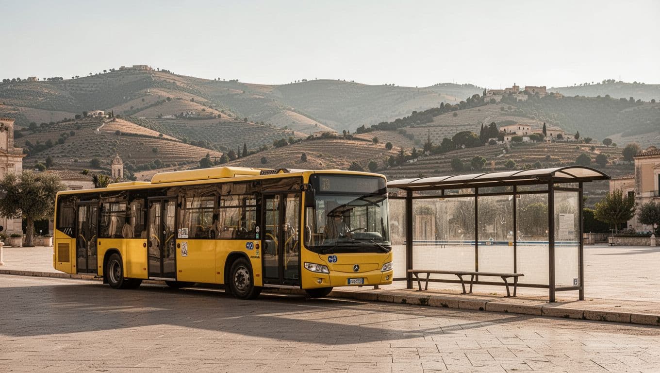 A yellow local Sicilian bus parked near an empty shelter in a sunny Ragusa square, with Sicilian hills in the background. Realistic photo style with warm natural daylight, wide side view, no people or text.