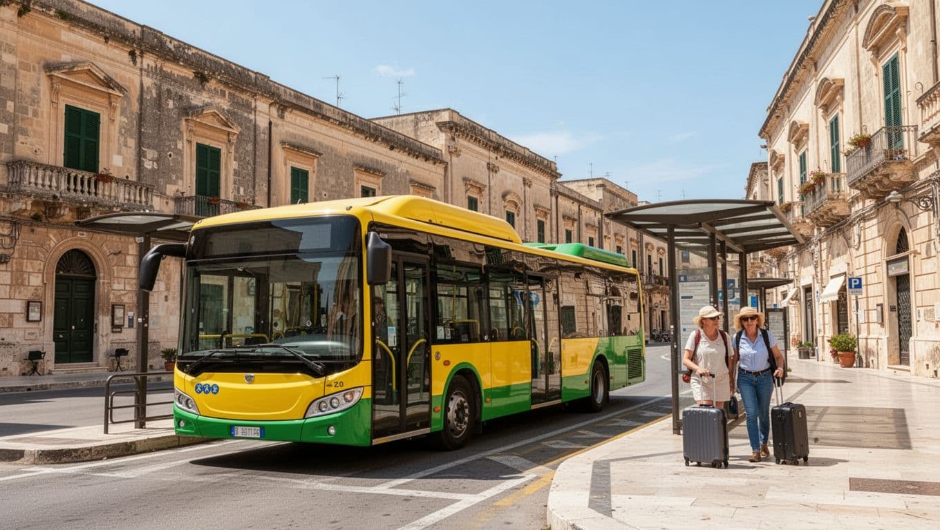 Modern yellow and green SAIS Trasporti bus stopped at Caltanissetta central station, Sicily, on a sunny summer day with historic buildings in background and two people waiting with luggage.