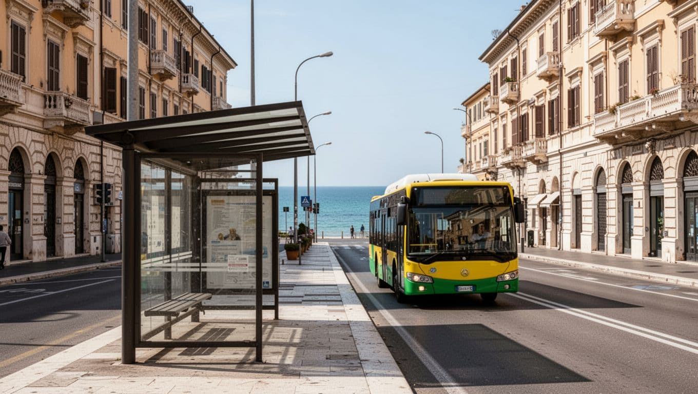 Fermata autobus principale a San Benedetto del Tronto in Corso Mazzini, con un bus giallo o verde in arrivo, sfondo di palazzi italiani e mare Adriatico vicino, stile realistico fotografico soleggiato.