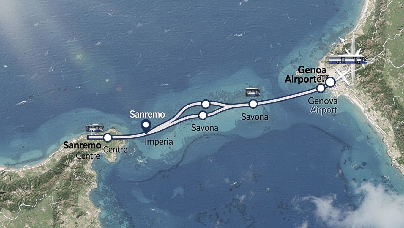 Schematic map illustration of bus stops from Sanremo to Genova Airport, marking key locations like Sanremo centro, Imperia, Savona, Genova, and airport icon with simple clean lines in blue and green, top-down view.