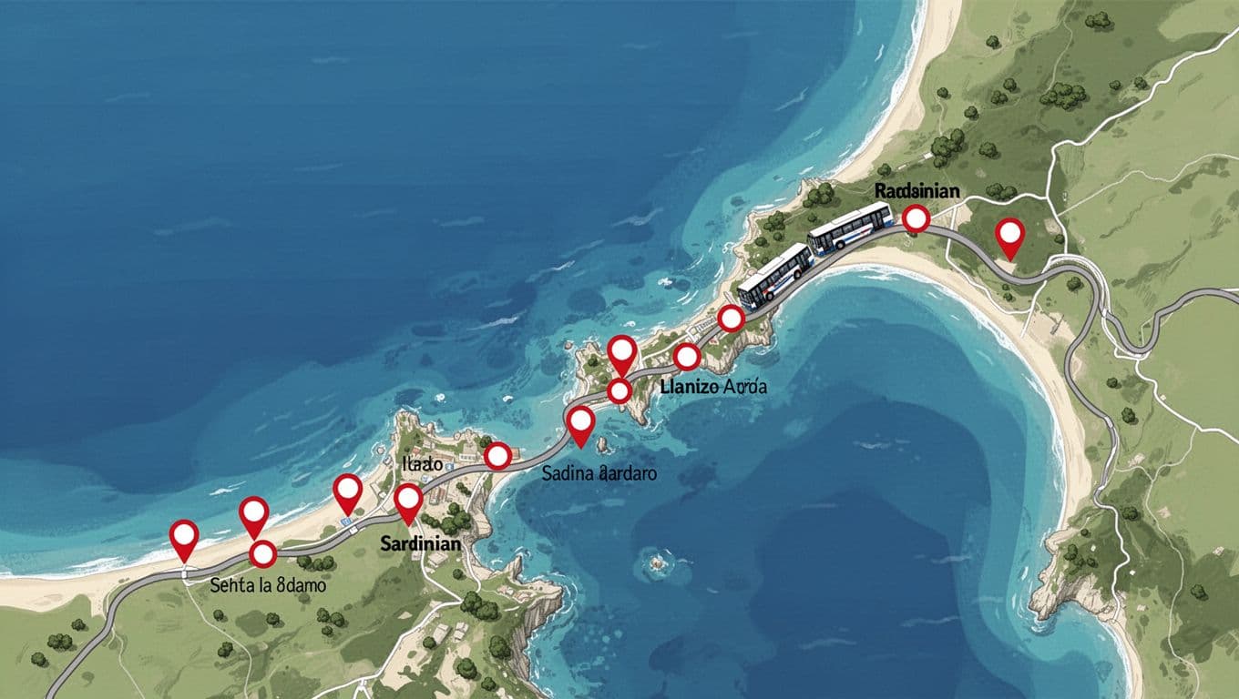 Stylized top-view vector map of bus route from Sassari to Alghero Airport with red dots for main coastal stops in blue-green tones.